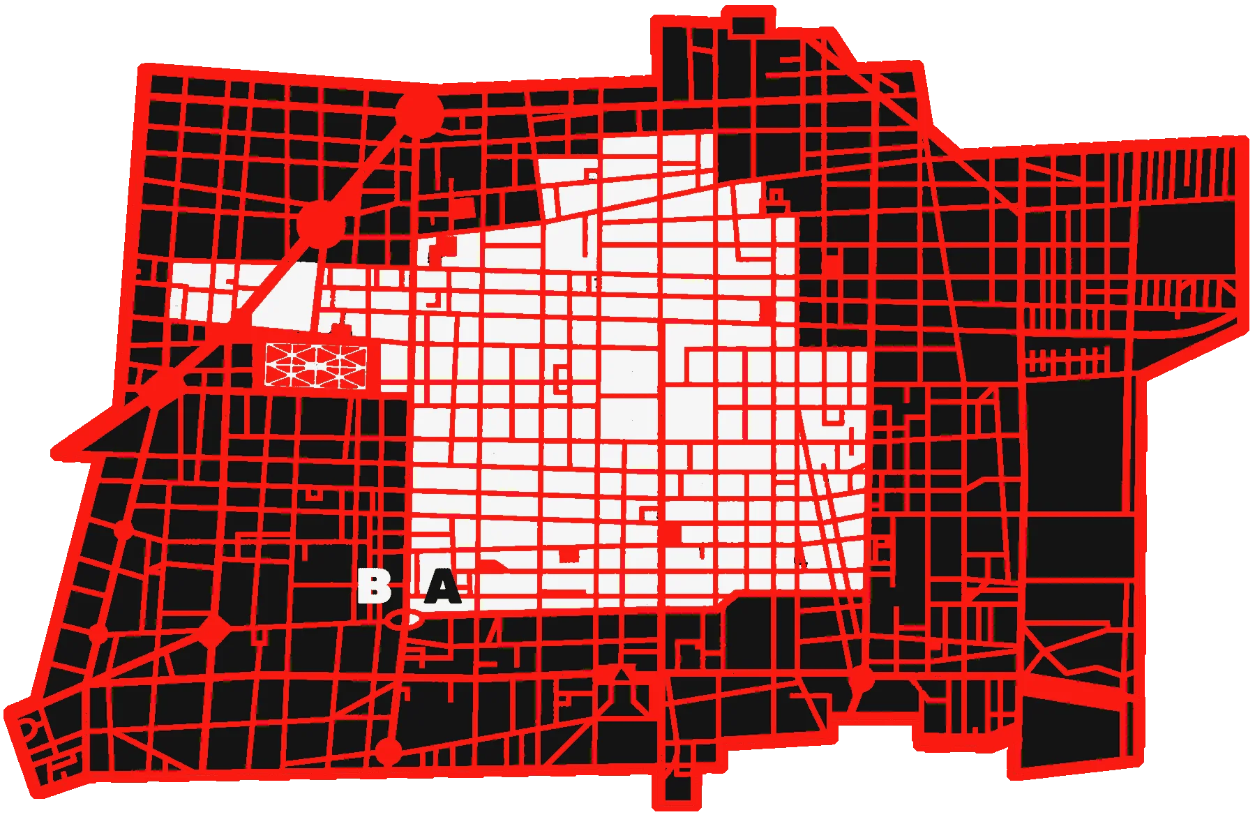 Plano de los perímetros A y B del Centro Histórico de la Ciudad de México con Circunvalación en el límite.