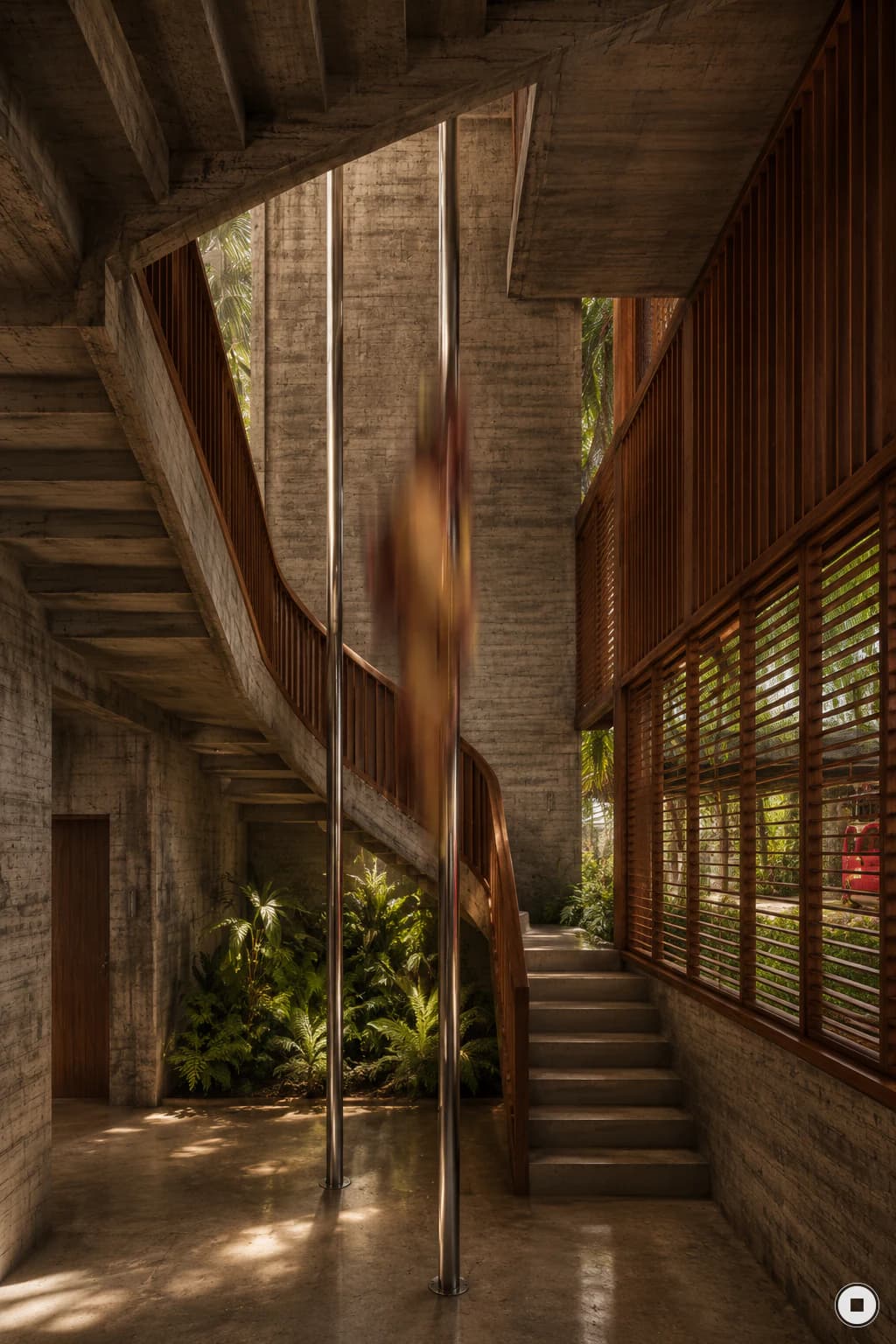 Circulación vertical central entre concreto aparente, madera y vegetación.