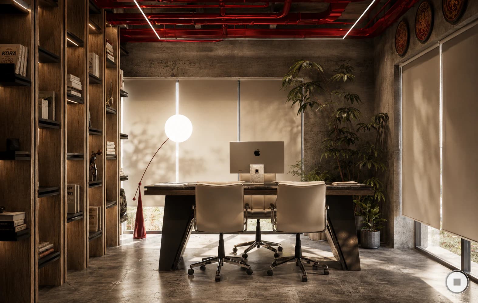 Oficina privada con escritorio central, luz filtrada y librero de madera.