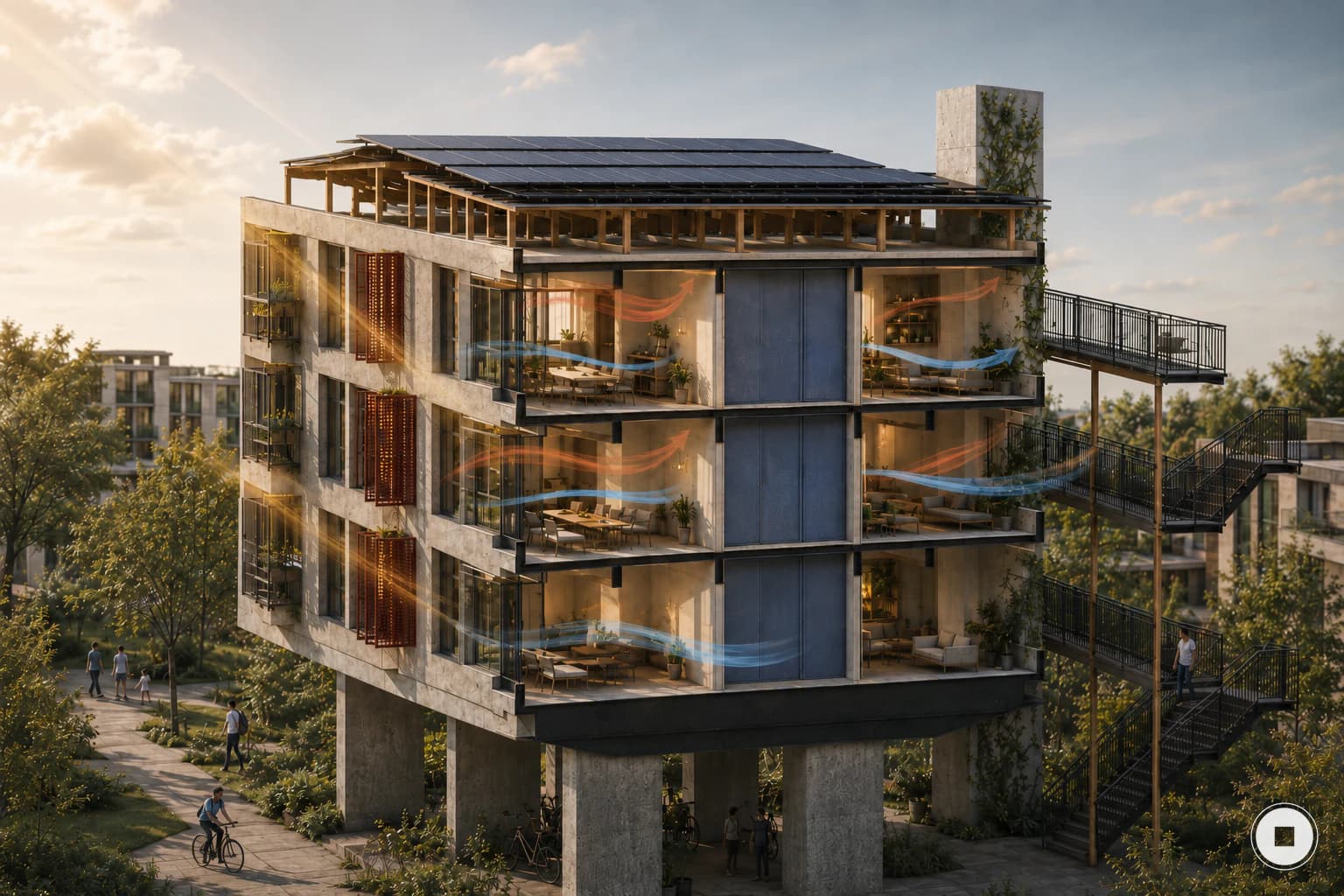 Bloque de vivienda colectiva elevado sobre un nivel público abierto.